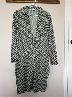 Zara Mint Green & Brown Zigzag Tie-Front Shirt Dress
